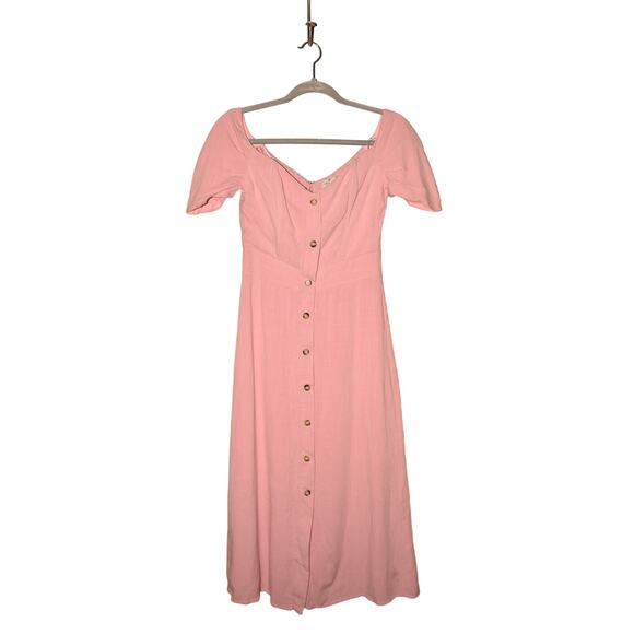 DRESS FORUM NEW $78 Pink Off-The-Shoulder Button Down Midi Dress Small - Picture 1 of 4